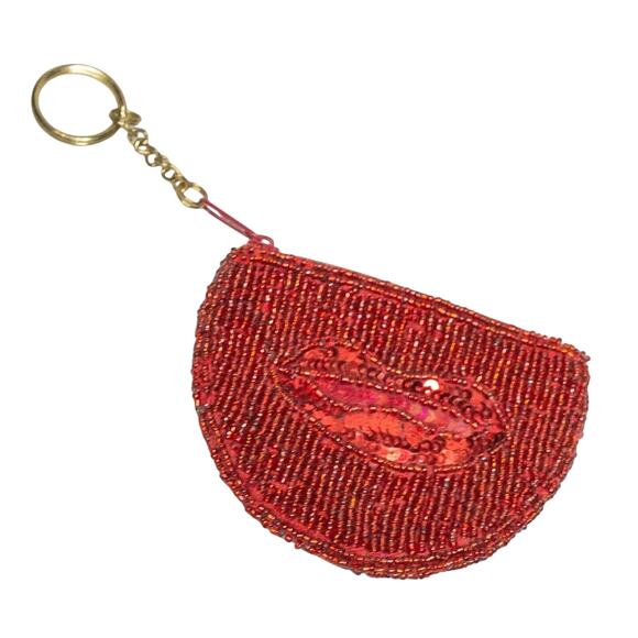 Coin Purse VINTAGE Red Lips Beaded & Sequenced Design Change Pouch Key Chain - Picture 1 of 4